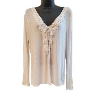 White House Black Market  Lace-Up Embroidered Crochet Long Sleeve Top Size M